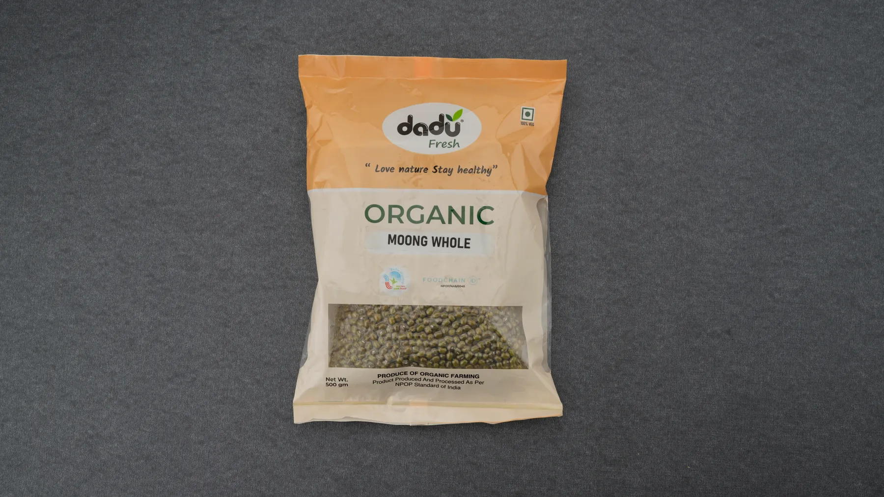 100% Organic Moong Whole 500gm front pack