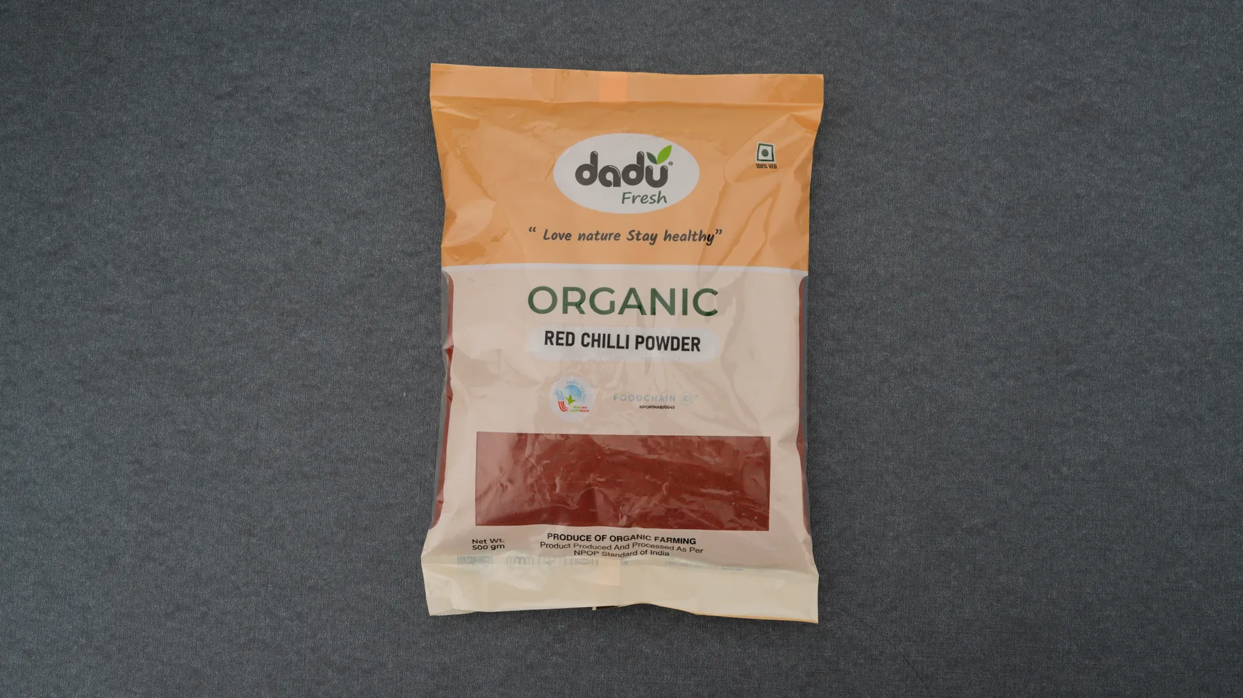 100% Organic Red Chilli Powder 500gm front pack