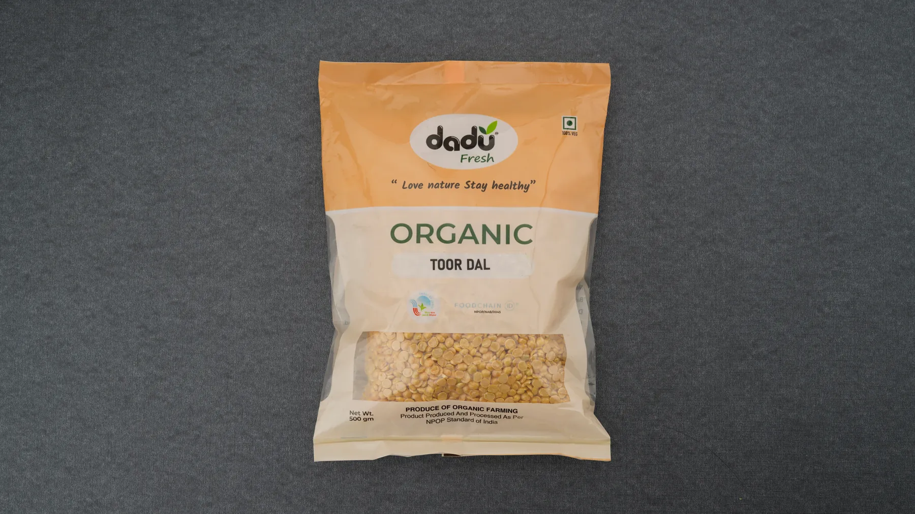 100% Organic Toor Dal 500gm front pack