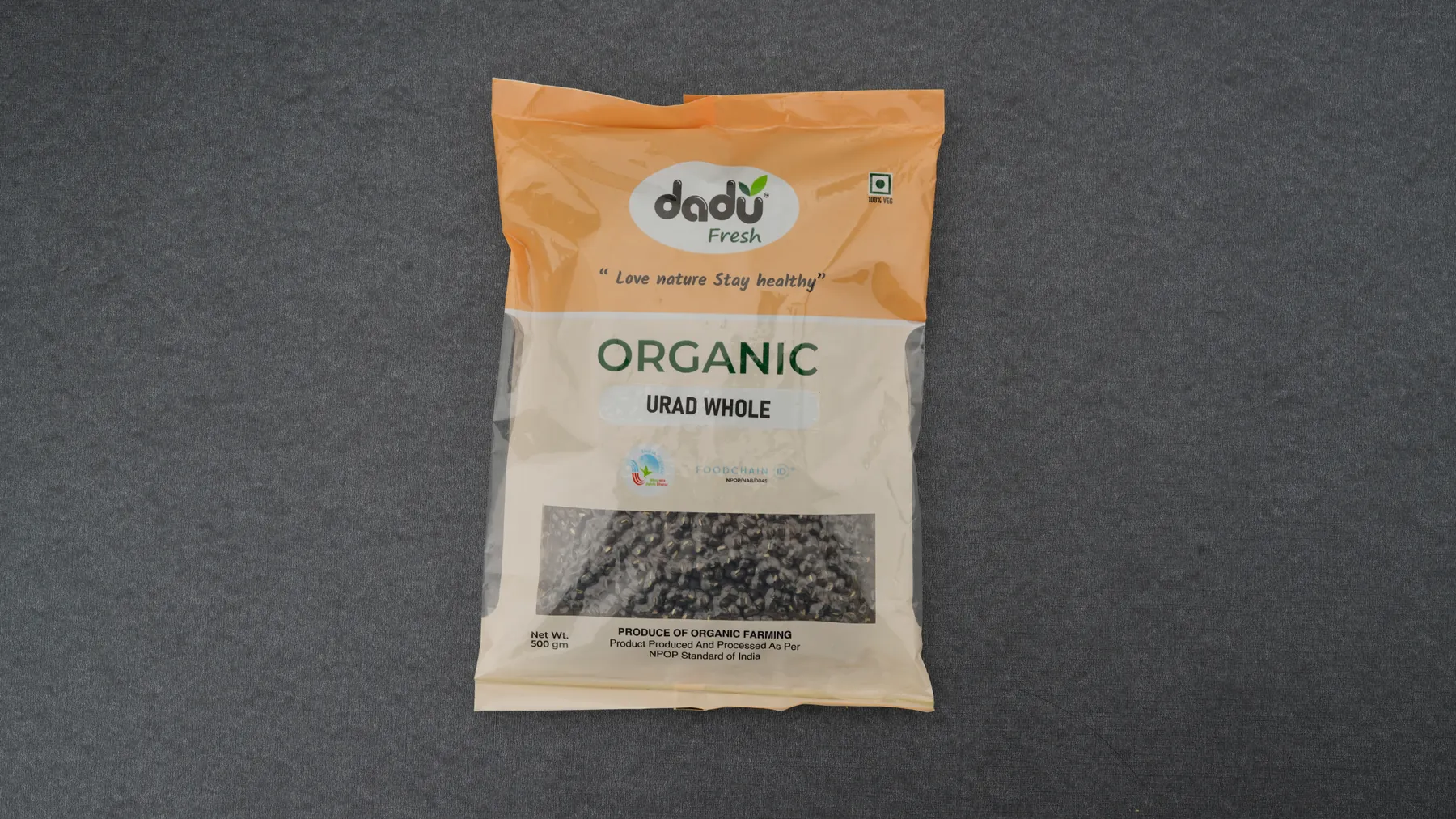 100% Organic Urad Whole 500gm front pack